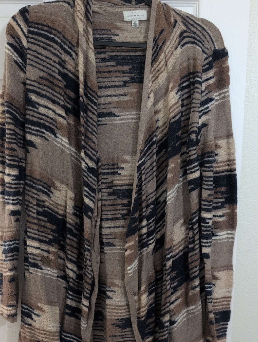 Lucky Brand Beige and Black Knit Open Cardigan